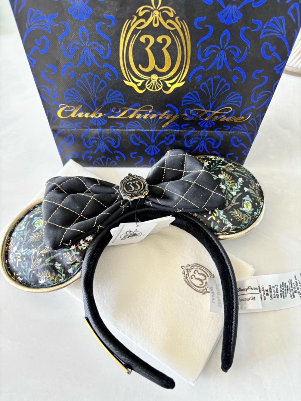 Disney Club 33 Black Quilted Floral Minnie Ear Headband with Gold Trim
